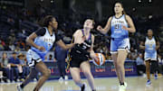 Sep 3, 2025; Chicago, Illinois, USA; Connecticut Sun guard Marina Mabrey (3) drives to the basket against the Chicago Sky during the first half at Wintrust Arena. Mandatory Credit: Kamil Krzaczynski-Imagn Images