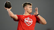 Ohio State Buckeyes quarterback Will Howard throws during the pro day for NFL scouts at the Woody Hayes Athletic Cente on March 26, 2025.