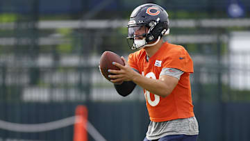 Jul 24, 2025; Lake Forest, IL, USA; Chicago Bears quarterback Caleb Williams (18) looks to pass the ball during training camp at Halas Hall.
