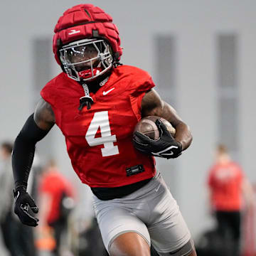 Ohio State Buckeyes wide receiver Jeremiah Smith (4) runs during spring football practice at the Woody Hayes Athletic Center on March 17, 2025.