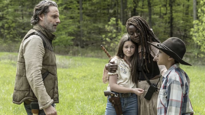 Andrew Lincoln as Rick Grimes, Danai Gurira as Michonne, Cailey Fleming as Judith, Anthony Azor as RJ - The Walking Dead: The Ones Who Live _ Season 1, Episode 6 - Photo Credit: Gene Page/AMC