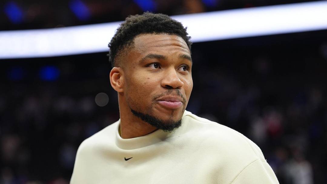 Apr 12, 2026; Philadelphia, Pennsylvania, USA; Milwaukee Bucks forward Giannis Antetokounmpo looks on after the game against the Philadelphia 76ers at Xfinity Mobile Arena. Mandatory Credit: Kyle Ross-Imagn Images