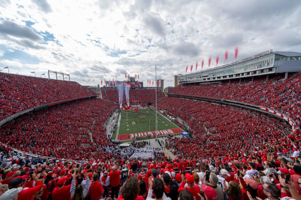 Oct 21, 2023; Columbus, Ohio, USA; Fireworks erupt as the Ohio State Buckeyes take the field in a Scarlet Out the Shoe game against the Penn State Nittany Lions at Ohio Stadium.