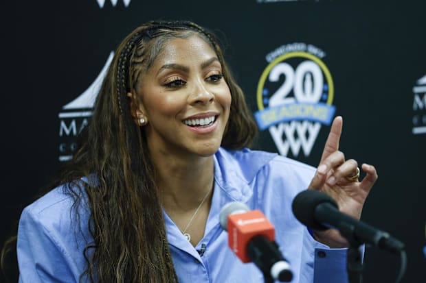 Chicago Sky franchise legend and WNBA Champion Candace Parker speaks during a press conference. 