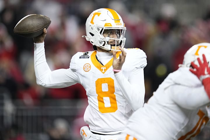 Tennessee Volunteers quarterback Nico Iamaleava throws against the Ohio State Buckeyes during the College Football Playoff. 