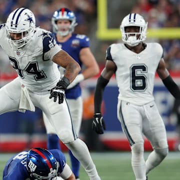 Dallas Cowboys defensive end Marshawn Kneeland reacts after sacking New York Giants quarterback Daniel Jones