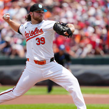 Jun 16, 2024; Baltimore, Maryland, USA; Baltimore Orioles pitcher Corbin Burnes (39) delivers a pitch against the Philadelphia Phillies during the first inning at Oriole Park at Camden Yards. 