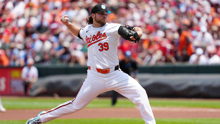 Jun 16, 2024; Baltimore, Maryland, USA; Baltimore Orioles pitcher Corbin Burnes (39) delivers a pitch against the Philadelphia Phillies during the first inning at Oriole Park at Camden Yards. Mandatory Credit: Gregory Fisher-USA TODAY Sports