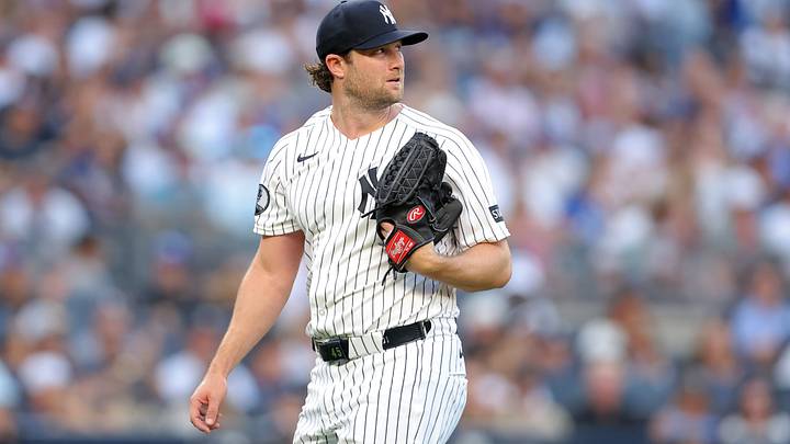 Jul 17, 2026; Bronx, New York, USA; New York Yankees starting pitcher Gerrit Cole (45) reacts during the second inning against the Los Angeles Dodgers at Yankee Stadium. Mandatory Credit: Brad Penner-Imagn Images