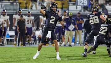 Sep 6, 2025; Orlando, Florida, USA; UCF Knights quarterback Tayven Jackson (2) throws a pass during the first quarter against the North Carolina A&T Aggies at Acrisure Bounce House. Mandatory Credit: Mike Watters-Imagn Images