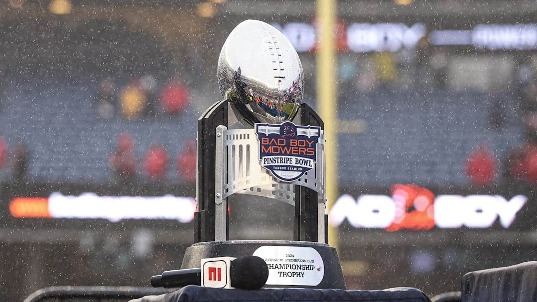 A view of the Pinstripe Bowl trophy after the game between the Boston College Eagles and the Nebraska Cornhuskers at Yankee Stadium. A view of the Pinstripe Bowl trophy after the game between the Boston College Eagles and the Nebraska Cornhuskers at Yankee Stadium.