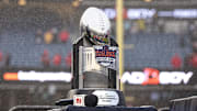 A view of the Pinstripe Bowl trophy after the game between the Boston College Eagles and the Nebraska Cornhuskers at Yankee Stadium.