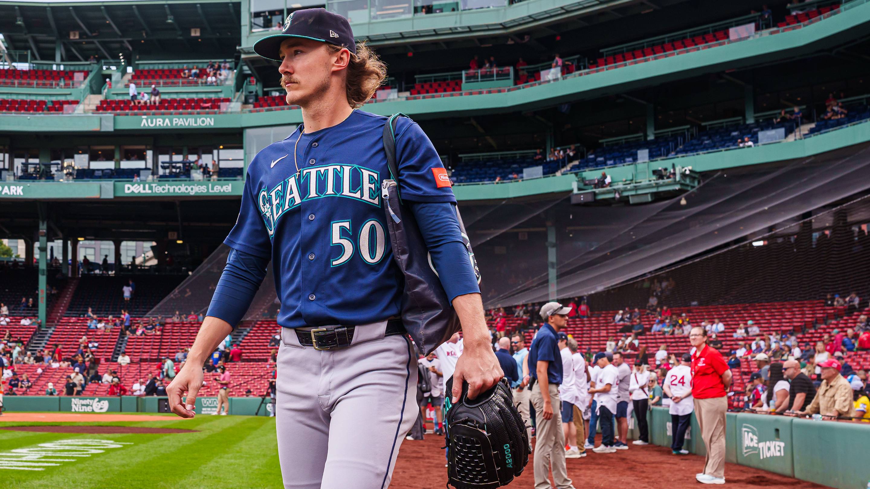 Sep 2, 2026; Boston, Massachusetts, USA; Seattle Mariners pitcher Bryce Miller (50) walks to the bullpen before the start of the game against the Boston Red Sox at Fenway Park. Mandatory Credit: David Butler II