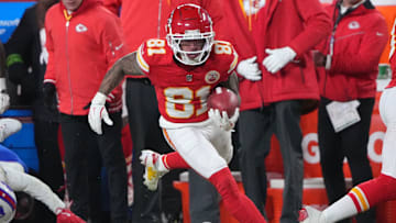 Jan 26, 2025; Kansas City, MO, USA; Kansas City Chiefs wide receiver Nikko Remigio (81) makes a catch against the Buffalo Bills during the first half in the AFC Championship game at GEHA Field at Arrowhead Stadium. Mandatory Credit: Denny Medley-Imagn Images