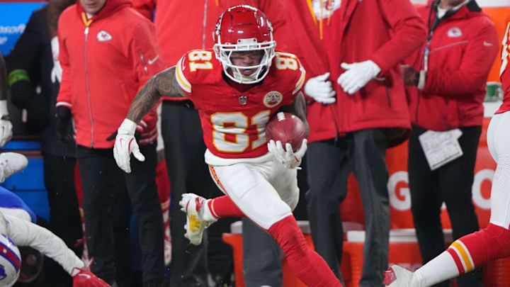 Jan 26, 2025; Kansas City, MO, USA; Kansas City Chiefs wide receiver Nikko Remigio (81) makes a catch against the Buffalo Bills during the first half in the AFC Championship game at GEHA Field at Arrowhead Stadium. Mandatory Credit: Denny Medley-Imagn Images