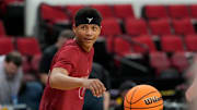 Mar 20, 2025; Raleigh, NC, USA; Oklahoma Sooners guard Jeremiah Fears (0) with the ball during practice at Lenovo Center. Mandatory Credit: Bob Donnan-Imagn Images