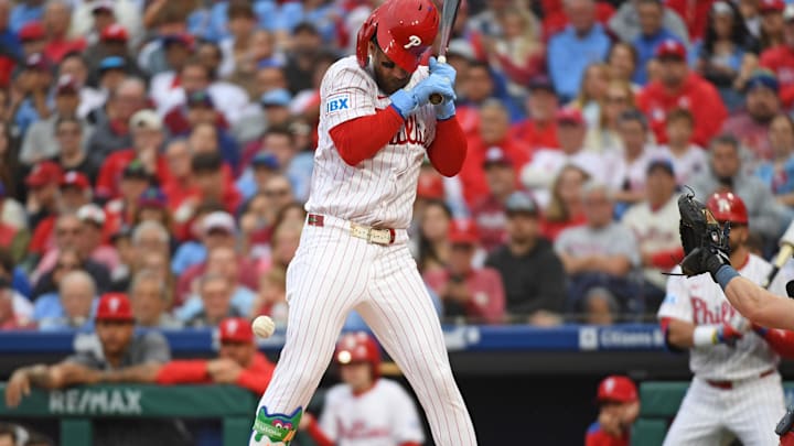 Philadelphia Phillies first baseman Harper is hit by a pitch during the first inning against the Atlanta Braves at Citizens Bank Park. Philadelphia Phillies first baseman Harper is hit by a pitch during the first inning against the Atlanta Braves at Citizens Bank Park.