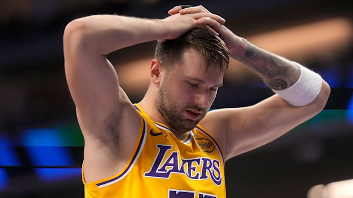 Jan 12, 2026; Sacramento, California, USA; Los Angeles Lakers guard Luka Doncic (77) reacts after being fouled against the Sacramento Kings in the second quarter at the Golden 1 Center. Mandatory Credit: Cary Edmondson-Imagn Images