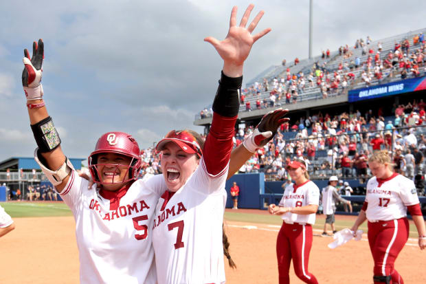 Ella Parker (left) and Kasidi Pickering (right) celebrate OU's win over Florida at the 2024 WCWS.