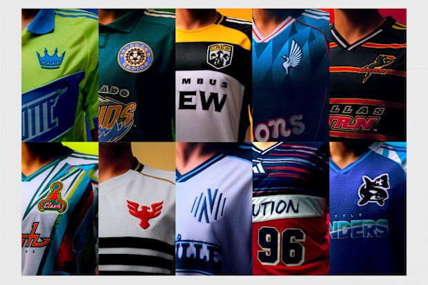 Ten adidas MLS soccer jerseys.