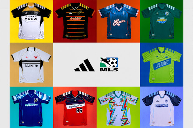 Ten adidas MLS soccer jerseys.