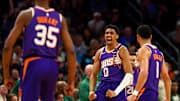 Mar 24, 2025; Phoenix, Arizona, USA; Phoenix Suns forward Ryan Dunn (0) celebrates after a play during the fourth quarter against the Milwaukee Bucks at Footprint Center. Mandatory Credit: Mark J. Rebilas-Imagn Images