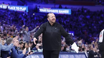 Jan 3, 2025; Oklahoma City, Oklahoma, USA; New York Knicks head coach Tom Thibodeau watches his team play against the Oklahoma City Thunder during the second half at Paycom Center. Mandatory Credit: Alonzo Adams-Imagn Images