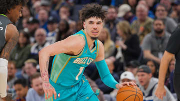 Jan 22, 2024; Minneapolis, Minnesota, USA; Charlotte Hornets guard LaMelo Ball (1) dribbles against the Minnesota Timberwolves in the fourth quarter at Target Center.