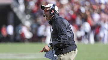 Oct 7, 2023; College Station, Texas, USA; Texas A&M Aggies head coach Jimbo Fisher reacts after a play during the second quarter against the Alabama Crimson Tide at Kyle Field. Mandatory Credit: Troy Taormina-Imagn Images