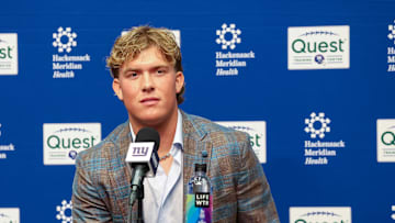 New York Giants first round draft pick, Jaxson Dart, takes questions from the media during his introduction press conference.