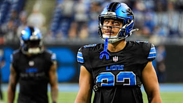 Detroit Lions running back Sione Vaki (33) looks on at warm up before the Seattle Seahawks game at Ford Field in Detroit on Monday, Sept. 30, 2024.