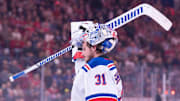 Oct 22, 2024; Ottawa, Ontario, CAN; New York Rangers goalie Igor Shesterkin (31) skates in the second period against the  Montreal Canadiens  at the Bell Centre. Mandatory Credit: Marc DesRosiers-Imagn Images