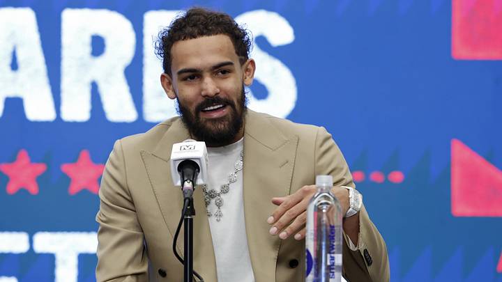 Jan 9, 2026; Washington, District of Columbia, USA; Newly acquired Washington Wizards guard Trae Young speaks at an introductory press conference prior to the Wizards' game against the New Orleans Pelicans at Capital One Arena. Mandatory Credit: Geoff Burke-Imagn Images