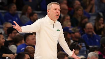 Jan 5, 2025; Memphis, Tennessee, USA;  Former North Texas Mean Green head coach Ross Hodge reacts against the Memphis Tigers during the first half at FedExForum. Mandatory Credit: Wesley Hale-Imagn Images