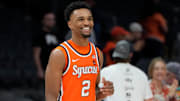 Mar 11, 2025; Charlotte, NC, USA; Syracuse Orange guard J.J. Starling (2) reacts lafter the game at Spectrum Center. Mandatory Credit: Bob Donnan-Imagn Images