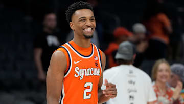 Mar 11, 2025; Charlotte, NC, USA; Syracuse Orange guard J.J. Starling (2) reacts lafter the game at Spectrum Center. Mandatory Credit: Bob Donnan-Imagn Images