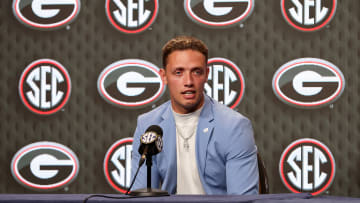 Carson Beck of the Georgia Bulldogs speaks during SEC Football Media Days at Omni Dallas Hotel on July 16, 2024 in Dallas, Texas.