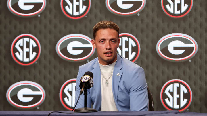 Carson Beck of the Georgia Bulldogs speaks during SEC Football Media Days at Omni Dallas Hotel on July 16, 2024 in Dallas, Texas.