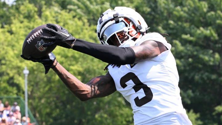 Aug 4, 2024; Cleveland Browns wide receiver Jerry Jeudy (3) makes a catch during practice at the Browns training facility in Berea, Ohio.