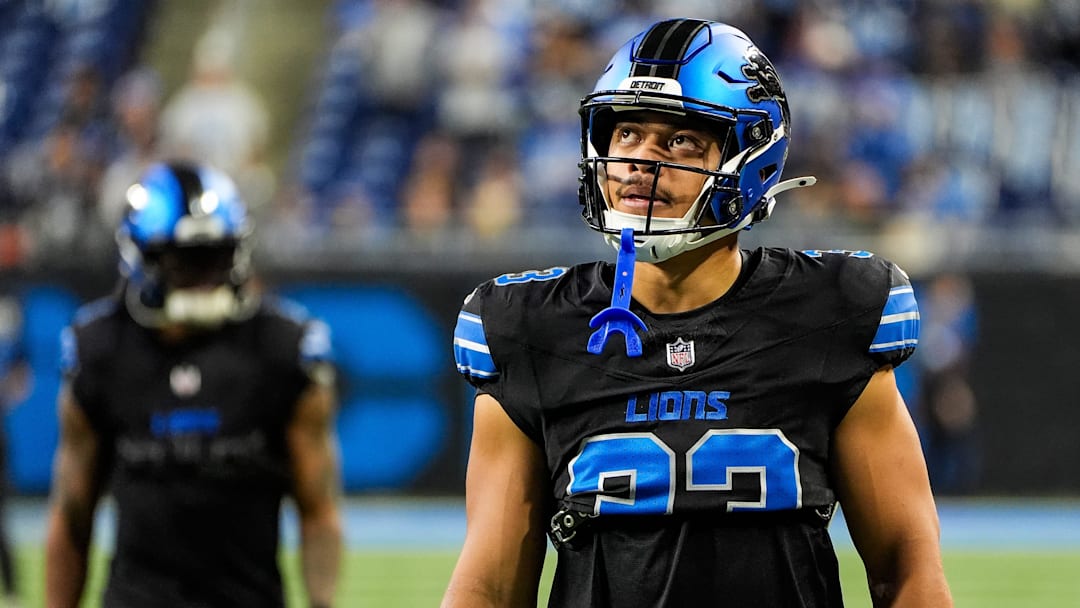 Detroit Lions running back Sione Vaki (33) looks on at warm up before the Seattle Seahawks game at Ford Field in Detroit on Monday, Sept. 30, 2024.