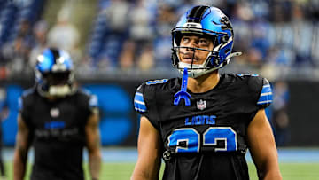 Detroit Lions running back Sione Vaki (33) looks on at warm up before the Seattle Seahawks game at Ford Field in Detroit on Monday, Sept. 30, 2024.