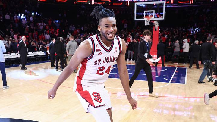 Feb 6, 2026; New York, New York, USA;  St. John's basketball forward Zuby Ejiofor (24) celebrates after defeating the UConn Huskies at Madison Square Garden.