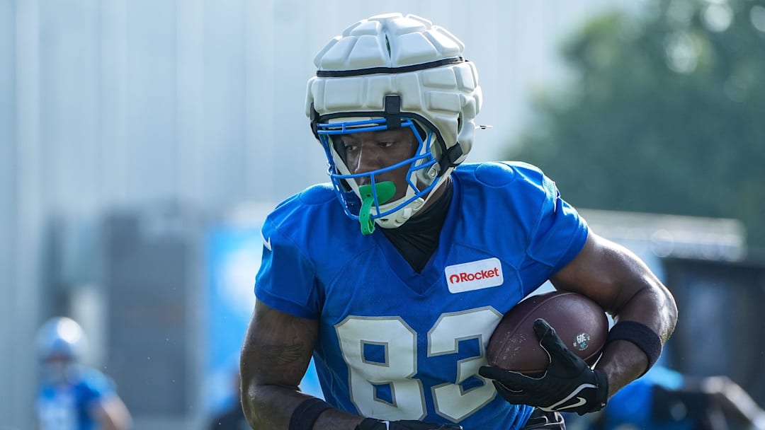 Detroit Lions wide receiver Jackson Meeks (83) practices during training camp at Meijer Performance Center in Allen Park on Thursday, July 24, 2025.