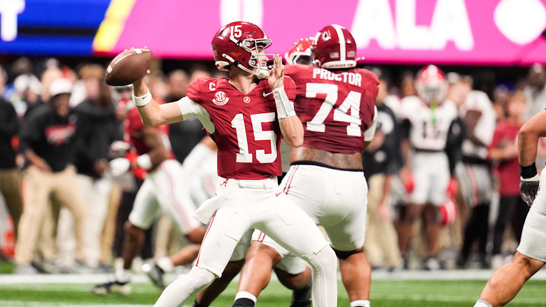 Dec 6, 2025; Atlanta, GA, USA; Alabama Crimson Tide quarterback Ty Simpson (15) throws a pass during the second quarter against the Georgia Bulldogs during the 2025 SEC Championship game at Mercedes-Benz Stadium. Mandatory Credit: Dale Zanine-Imagn Images