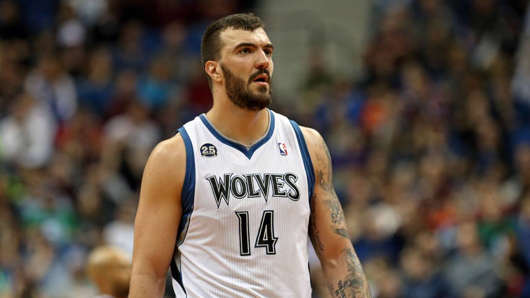 Jan 4, 2014; Minneapolis, MN, USA; Minnesota Timberwolves center Nikola Pekovic (14) looks on during the second half against the Oklahoma City Thunder at Target Center. The Thunder won 115-111. Mandatory Credit: Jesse Johnson-USA TODAY Sports