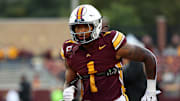 Oct 11, 2025; Minneapolis, Minnesota, USA; Minnesota Golden Gophers running back Darius Taylor (1) warms up before the game against the Purdue Boilermakers at Huntington Bank Stadium. Mandatory Credit: Matt Krohn-Imagn Images