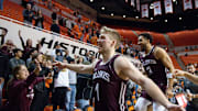 Southern Illinois forward Marcus Domask (1) celebrates after Southern Illinois defeated Oklahoma State after a college basketball game between the Oklahoma State Cowboys (OSU) and the Southern Illinois Salukis at Gallagher-Iba Arena in Stillwater, Okla., Thursday, Nov. 10, 2022.

Osu Vs Southern Illinois