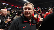 Dec 7, 2024; Atlanta, GA, USA;Georgia Bulldogs head coach Kirby Smart reacts after defeating the Texas Longhorns in overtime in the 2024 SEC Championship game at Mercedes-Benz Stadium. Mandatory Credit: Brett Davis-Imagn Images