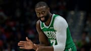 Oct 27, 2025; New Orleans, Louisiana, USA; Boston Celtics guard Jaylen Brown (7) reacts during the first half against the New Orleans Pelicans at Smoothie King Center. Mandatory Credit: Matthew Hinton-Imagn Images