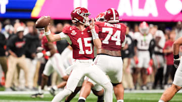 Dec 6, 2025; Atlanta, GA, USA; Alabama Crimson Tide quarterback Ty Simpson (15) throws a pass during the second quarter against the Georgia Bulldogs during the 2025 SEC Championship game at Mercedes-Benz Stadium. Mandatory Credit: Dale Zanine-Imagn Images